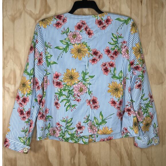 Rafaella XL Floral Stripe Cotton Button Up Jacket Pockets Spring Summer Layer - Picture 2 of 8